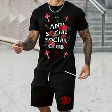 Mens Creative T Shirt And Shorts Set American Vintage Full Print Street Wear Essential T Shirt Set Men Graphic T Shirt And Shorts Set With Antis Socials Socials Clubs Text Red Roses And Crosses Print - 黑色 - 查看 2