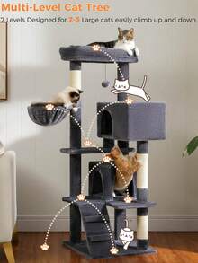 PAWZ Road Cat Tree For Large Cats With Super Large Top Platform, [56.3"=143cm] Tower For Indoor Cats With Hammock And Sleeping Bag, Cat Shelves With Scratching Posts And 2 Houses - 深灰色 - 查看 3