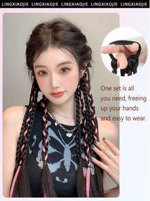 2 Pieces Set Of Y2K Style Synthetic Multi-Strand Rainbow Long Braid Hair Extensions With Elastic Rubber Bands For Ponytails - Multicolor - View 6