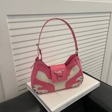 Túi xách tay hình lưỡi liềm bằng rơm ghép mảnh kiểu vintage mới, trang trí đinh tán, dây đeo khóa kim loại, khóa kéo, dây đeo vai có thể điều chỉnh, dung tích nhỏ, nhẹ, tối giản. - Hồng - Xem 8