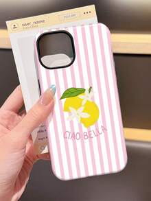 1 pièce Étui de téléphone à rayures roses et blanches, minimaliste, artistique, rayures fraîches, motif citron, brillant, 2-en-1, compatible avec Samsung/ 11/12/13/14/15/16/17 Pro Max, cadeau de printemps - Multicolore - Voir 3
