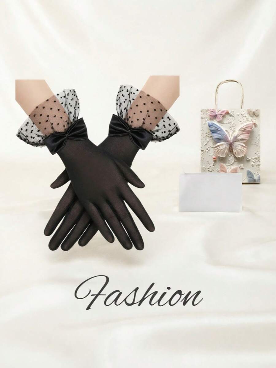 Fashion Polka Dot Mesh Bow Lace Gloves - Multiple Colors Available, Lightweight And Breathable, Suitable For Wedding, Evening Party, Photography, Lolita Outfit, Christmas, Valentine's Day, Engagement, Exquisite Vintage Atmosphere Accessory. - Multicolor - View 1