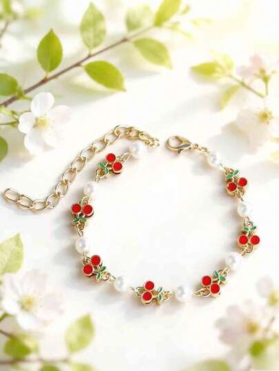 1pc Girl's New Ins-Style Strawberry, Apple, Cherry Oil Drop Alloy Double-Layer Bracelet, Mixed Color Peach Heart Handmade Chain DIY Bracelet Jewelry
