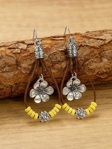 一对波西米亚风合金梅花吊坠耳环，配绿松石珠，双层垂坠耳环，复古时尚首饰礼品，适合女性，四季皆宜 - 彩色 - 查看 7