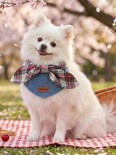 PETCIRCLE 1pc Pet Drool Bib, Cute Casual Accessory For Small Dogs & Cats - Christmas Plaid Bow Design