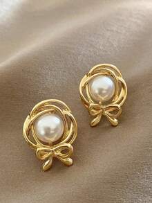 1 Pair Elegant Fashionable Minimalist Delicate Versatile Hollow Butterfly Faux Pearl Earrings, Suitable For Women's Daily And Holiday Wear - Hollow Bow - View 4