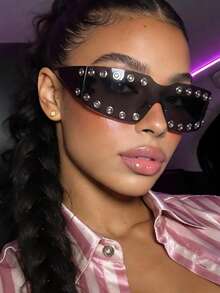 单副无框一体式时尚眼镜，个性化赛博朋克Y2K风格，适合日常佩戴、街头摄影、度假、旅行、派对、校园舞会等场合，男女皆宜的学院风眼镜，返校必备单品 - 黑灰 - 查看 2