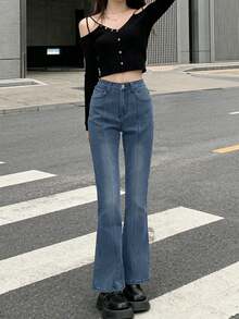 女士休闲喇叭口袋牛仔裤（春季款） - 深色水洗藍 - 查看 3