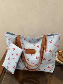 Cherry Pattern Shoulder Bag & Coin Purse 2 Pieces Set, New Arrival Spring/Summer For Women - Blue - View 10