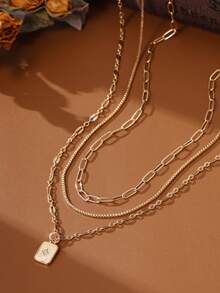 3pcs/Set Kalung Liontin Berlapis Rantai Bilah Pipih Kawat Emas Stainless Steel, Dengan Liontin Klip Kertas Persegi Emas, Cocok Untuk Wanita Kenakan Saat Liburan dan Pesta - Yellow Gold - View 3