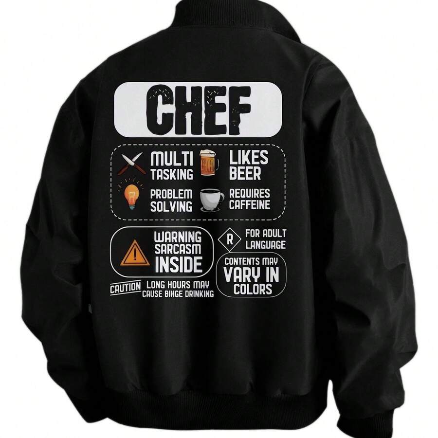 CHEF Crossed Knife Fashion Pattern, Stand-Up Collar Zipper Print Men'S Thin Jacket, Casual And Comfortable, Fitness Sports Outdoor Daily Wear, Versatile Men'S Jacket, Autumn, Winter, Men'S Jacket, Men'S Fitness Clothing, Easy To Put On And Take Off - Black - View 1