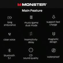 Monster Tai nghe Bluetooth không dây SG03 có nam châm, âm thanh nổi chất lượng CD, độ trễ thấp, chống nước, thích hợp cho các hoạt động thể thao ngoài trời, chơi game và nghe nhạc. - Xem 4