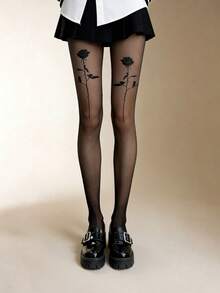 1 Pair Black Sheer Tights With Rose Print Sexy Floral Pattern Stockings Daily Wear - Multicolor - View 4