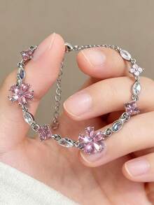 1pc Sweet & Fashionable Pink Sakura Rhinestone Bracelet, Suitable For Women's Daily, Festival, And Party Wear - Multicolor - View 2