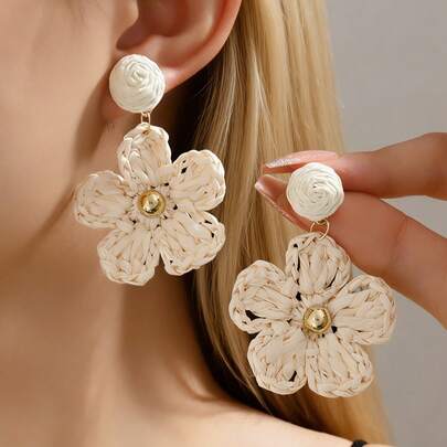 1 Pair Of Summer Beach Vacation Sweet Style Handmade Flower Earrings For Women, Beach Vacation Style Fashionable Earrings