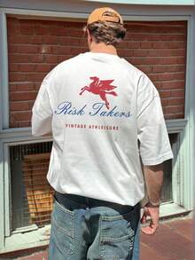 Camiseta de manga corta blanca de estilo retro para hombre |   Estampado de Pegaso rojo y "Risk Takers" en la espalda |   Estilo casual americano - Blanco - Ver 7