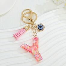 1个新款粉色26个英文字母钥匙扣，带邪眼流苏吊坠，可作钥匙链或包包挂饰 - 彩色 - 查看 14