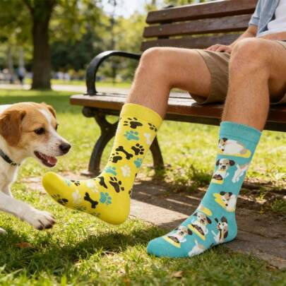 1 Pair Dog Bone Design Casual Comfortable Mid-Calf Socks, Suitable For Spring/Summer Wear