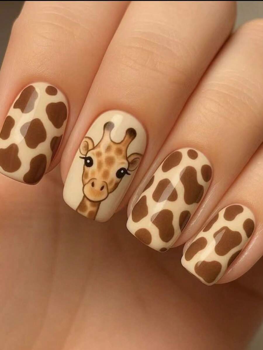 Handpainted Giraffe Pattern Nail Stickers, Cute Animal Print Nail Art Decals, Minimalist Short Nail Wraps - Mocha Brown - View 1