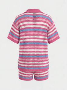 女士休闲度假条纹开襟针织衫短裤套装，春夏款 - 彩色 - 查看 6