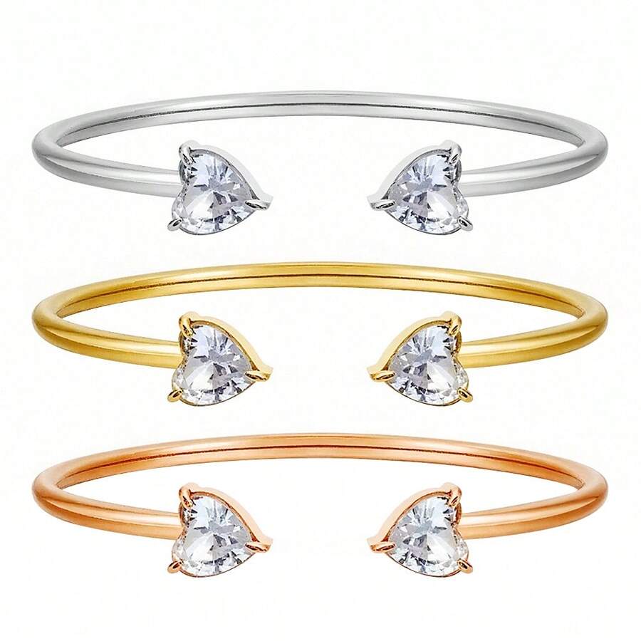 1pc Heart-Shaped Zirconia Open Bangle Bracelet, Rose Gold/Silver/Gold Tone, Minimalist Unique Design Versatile Daily Wear For Women - Love Bracelet - View 1