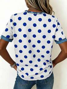 Áo thun ngắn tay cổ tròn phối màu chấm bi và denim hiệu ứng vintage Dear Molly, thích hợp mặc hàng ngày, đi nghỉ mát hoặc mùa hè. - Nhiều màu - Xem 3