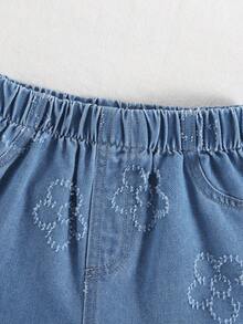 2pcs/Set Toddler Girls' Outdoor Casual Cute Floral Sleeveless Top & Fashionable Denim Shorts Set - Medium Wash - View 6