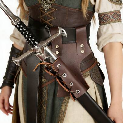 Viking Medieval Leather Sword Frog, Distressed Sword Holster With Rivets, Adjustable LARP Cosplay Belt Accessory