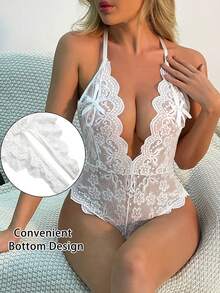 Sexy Lingerie Accessory, Floral Lace Fan-Shaped Teddy Bear, Deep V Halter Neck Design, Backless, Open Crotch Jumpsuit, Sexy Women's Clothing, Elastic Sexy - White - View 7