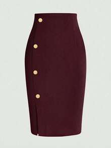 Women's Solid Color Button Design Pencil Elegant Midi Skirt Spring - Wine Red - View 1