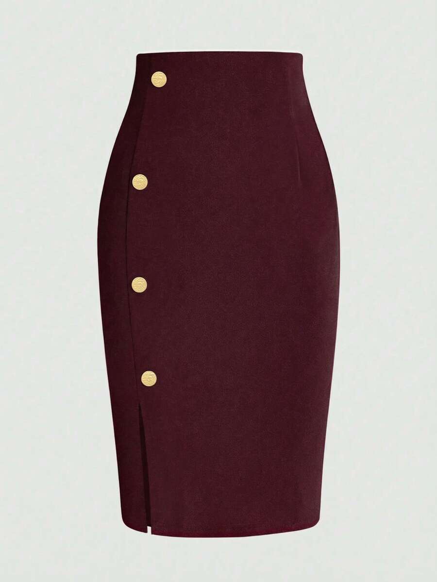 Women's Solid Color Button Design Pencil Elegant Midi Skirt Spring - Wine Red - View 1
