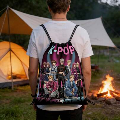 K-POP Graphic Print Drawstring Bags Hard-Wearing Oxford Softshell Portable Practical Pockets Gym Yoga Travel