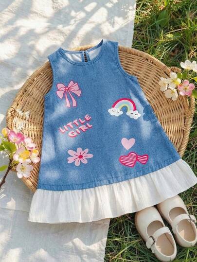 [Non-Denim] Young Girls' Summer Sleeveless Denim-Like Dress, Loose Fit With Cute Printed Pattern, Fashionable, Sweet And Lovely, Suitable For Outings, Birthday Parties, And Gatherings
