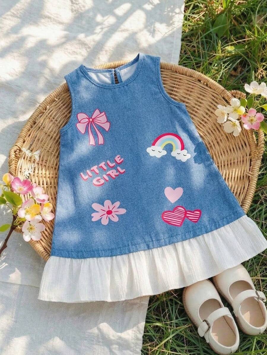 [Non-Denim] Young Girls' Summer Sleeveless Denim Effect Dress, Loose Fit With Cute Printed Pattern, Fashionable, Sweet And Lovely, Suitable For Outings, Birthday Parties, And Gatherings - Blue and White - View 1