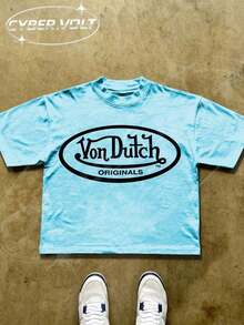 Dutch Manfinity Y2K Style Print (180g Pure Cotton T-Shirt) Cotton T-Shirt - Soft And Breathable, Green Print 100% Pure Cotton Fabric - Comfortable And Vibrant Summer Streetwear Short-Sleeved T-Shirt, Cool Motorcycle Design, Vintage Summer Men's Everyday Wear T-Shirt - 淺藍色 - 查看 7