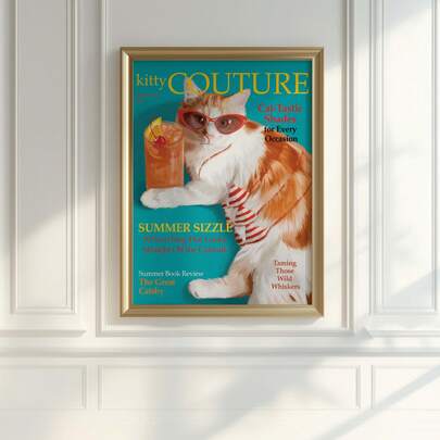 1 st ramlös elegant väggkonst med sommarkatt, cool kattdekor, present till kattälskare, retro funky vintage chic affisch för vardagsrum, studentrum, lägenhet, fest och present, rumsdekorationsaffisch, funky affischer, väggkonst för sovrum, konst för kattälskare, sommarkattdekor, studentrumsnödvändigheter