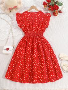 Đầm dài đến đầu gối cổ chữ V tay ngắn, in hình trái tim, thời trang thanh lịch mùa hè 2026 dành cho các cô gái tuổi teen - Đỏ - Xem 7