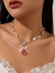1pc Sweet Acrylic Strawberry Pendant Necklace, Fresh Faux Pearl Ribbon Choker Necklace - Multicolor - View 1