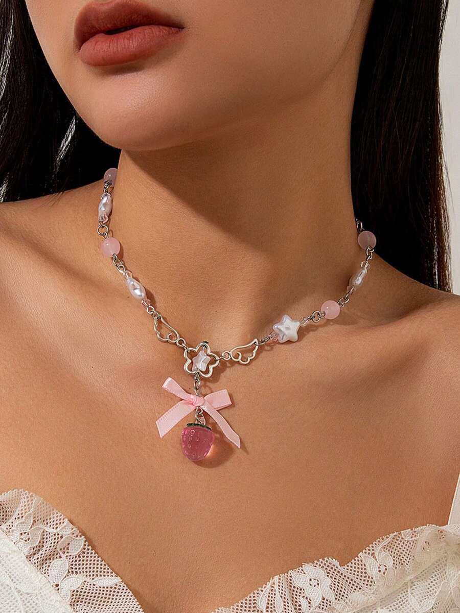 1pc Sweet Acrylic Strawberry Pendant Necklace, Fresh Faux Pearl Ribbon Choker Necklace - Multicolor - View 1
