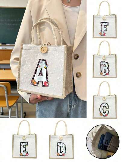 可爱笔记本图案主题手提包，简约A-Z图案手提包，时尚单肩包，多功能收纳包，旅行化妆包，布艺结构，可手洗，休闲单肩包，可收纳眼影、粉底、腮红、化妆工具、面膜、杂物、化妆品，适合学校、办公室、健身房、出差、购物等场合，可作为母亲节礼物、生日礼物、周年纪念礼物。