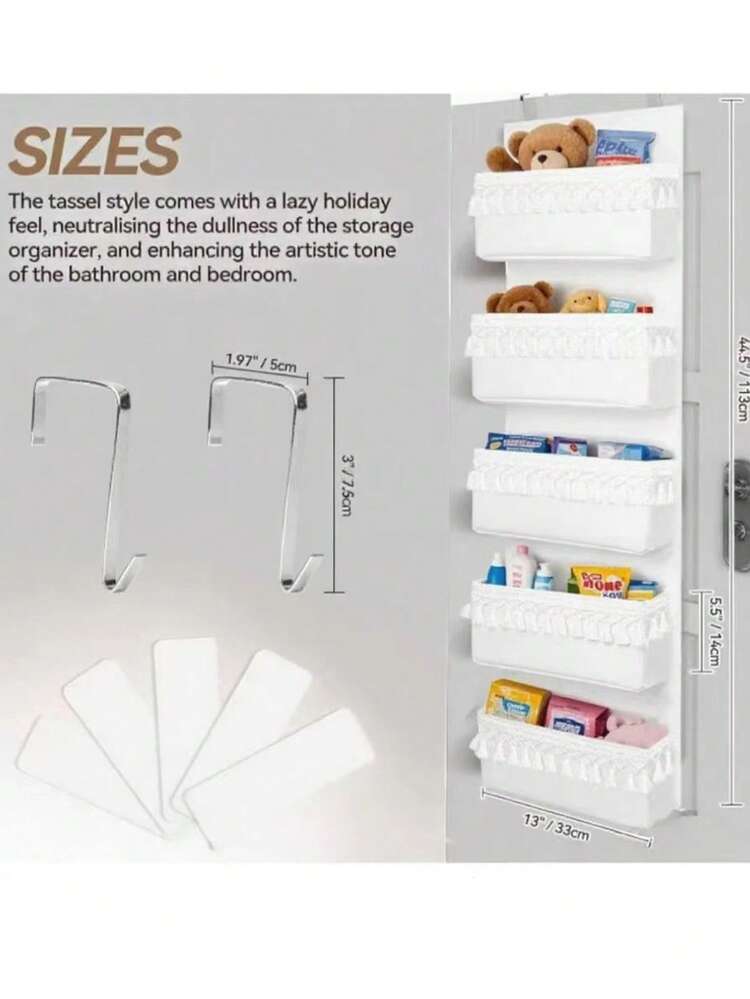 门后收纳架，波西米亚风，婴儿房储物装饰，衣橱悬挂式收纳架，带流苏装饰，适用于卧室、婴儿房、浴室、公寓、宿舍、食品储藏室，4/5口袋，白色 - 白色 - 查看 8