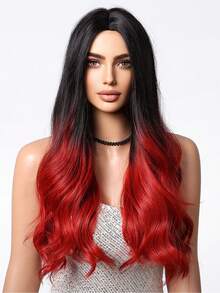 红色渐变20英寸长波浪卷合成假发，自然红色渐变水波纹假发，适合女性，非洲裔角色扮演日常发型，中分，耐热 - 漸層紅色 - 查看 4