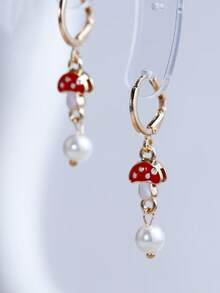 1 Pair New Ins Style Cute Cartoon Drip Oil High-End Alloy Double-Layer Tassel Earrings, Mixed Color Heart Shaped Handmade Earrings, DIY Jewelry Accessories - Mushroom - View 3