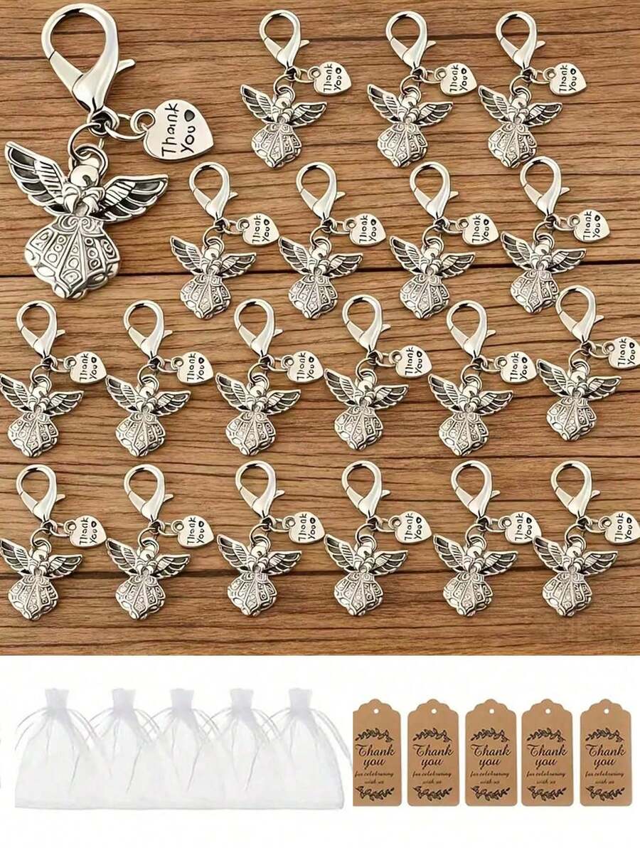 15个/5套复古天使造型钥匙扣，附赠感谢卡和欧根纱袋，可DIY守护天使心形吊坠，珠宝配饰项链钥匙扣，男女通用时尚背包装饰 - 均碼 - 查看 1