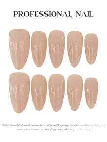 10 piezas de uñas postizas minimalistas desnudas hechas a mano, uñas acrílicas falsas ovaladas largas de color rosa transparente brillante, perfectas para uso diario y novia de boda, con pegamento de gelatina y lima de uñas, suministros de arte de uñas DIY - Champán - Ver 4
