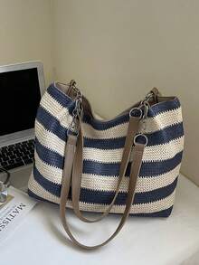 夏季新款波西米亚风条纹编织手提包 女士大容量通勤单肩包 草编材质 海边度假沙滩包 时尚百搭ins风超火大容量包 - 藍色 - 查看 5