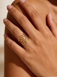 Edelstahl Vintage Textur Cut Out Blatt Ringe für Frauen, goldplattierter breiter offener Ring im europäischen und amerikanischen Stil, Schmuck für den täglichen Urlaub, Accessoires, Geschenk - 1 - Übersicht 8