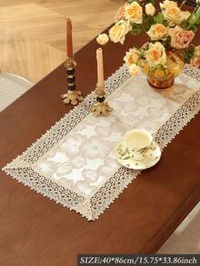 Camino de mesa de jacquard liso 100% poliéster estilo vintage francés de granja con ribete de encaje floral de volutas huecas en forma de abanico, bufanda de mesa con borlas para mesa de desayuno nupcial, decoración rústica de cocina de cabaña - Caqui - Ver 8