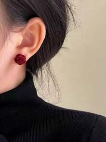 1对时尚经典浪漫酒红色玫瑰植绒耳环，优雅高端女士耳环 - 紅色 - 查看 7