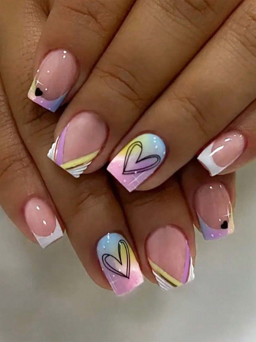 24pcs Y2K Short Square Nail Stickers, Rainbow Multicolor French Manicure With Heart & Star Patterns, Easy-To-Wear Acrylic Fake Nails Set Includes 1pc Jelly Gel And 1pc Nail File, Suitable For Women And Girls Daily Life And Various Parties - View 1